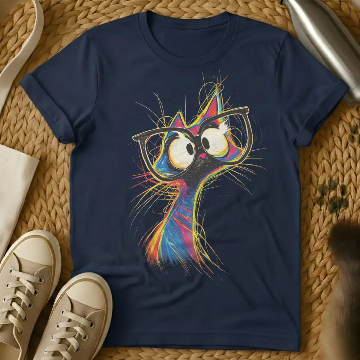 Colorful Sketch Cat Shirt - Navy T-Shirt - artistic doodle style, expressive sketch art, loose drawing style