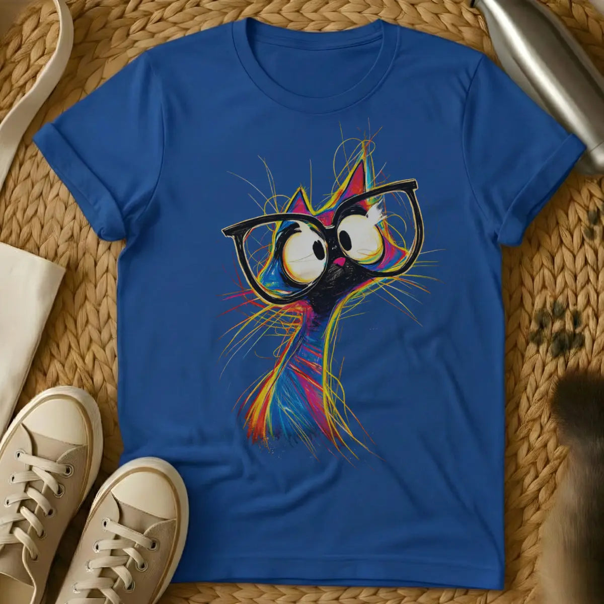 Colorful Sketch Cat Shirt - Blue T-Shirt - artistic doodle style, expressive sketch art, loose drawing style