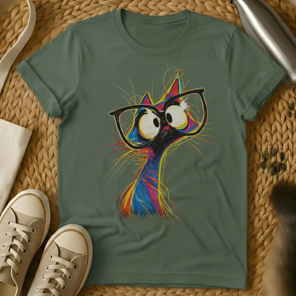 Colorful Sketch Cat Shirt - Military Green T-Shirt - artistic doodle style, expressive sketch art, loose drawing style