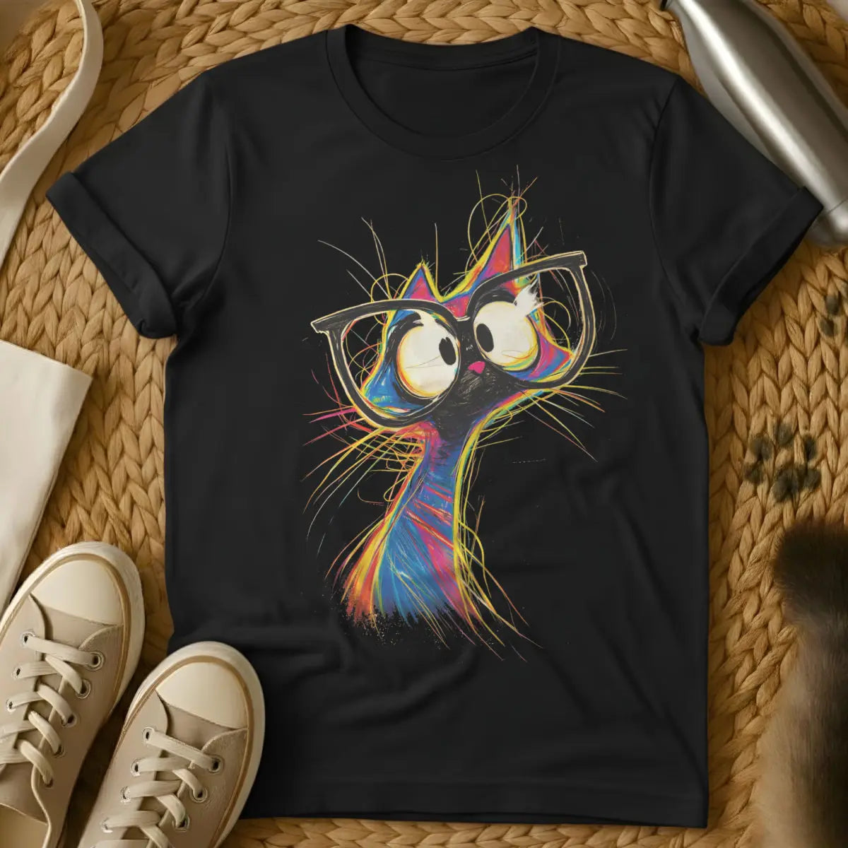 Colorful Sketch Cat Shirt - Black T-Shirt - artistic doodle style, expressive sketch art, loose drawing style
