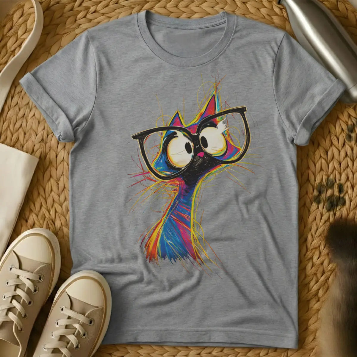 Colorful Sketch Cat Shirt - Gray T-Shirt - artistic doodle style, expressive sketch art, loose drawing style