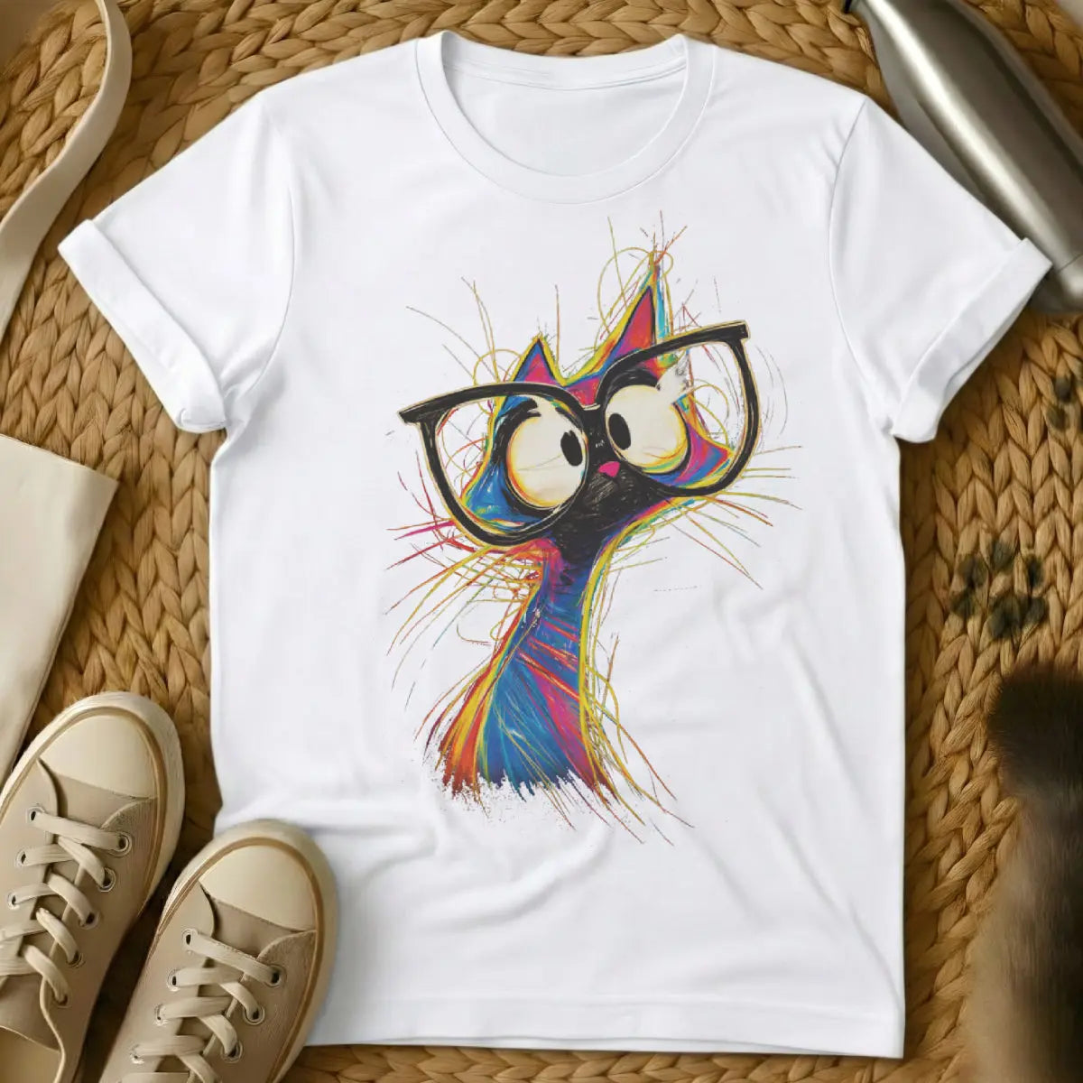 Colorful Sketch Cat Shirt - White T-Shirt - artistic doodle style, expressive sketch art, loose drawing style