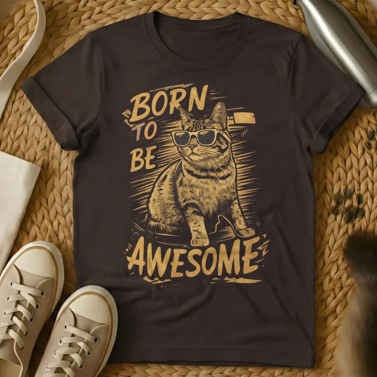 Vintage Awesome Cat Graphic - Dark Chocolate Cat T-Shirt