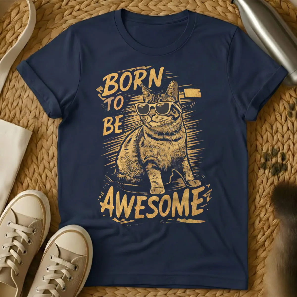 Vintage Awesome Cat Graphic - Navy Cat T-Shirt
