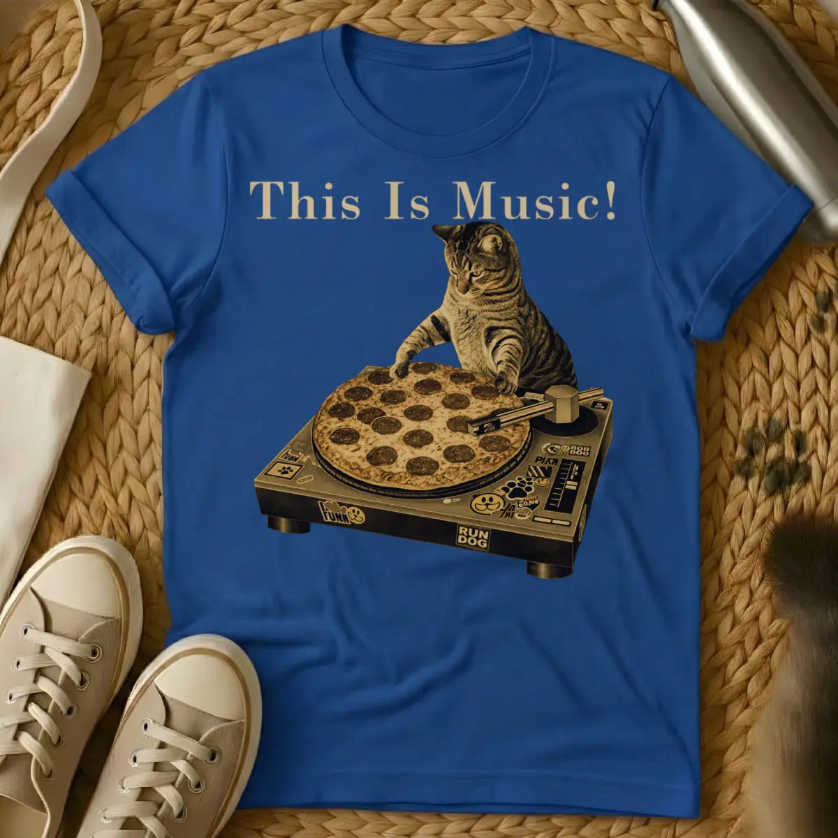 DJ Cat Pizza Tee - Blue T-Shirt - food pun design, lo-fi hip hop cat, nightlife animal graphic