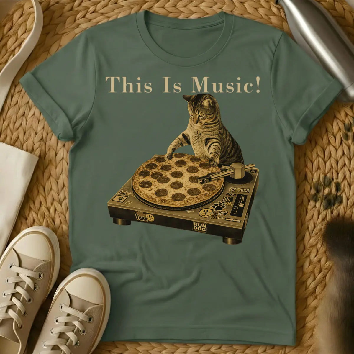 DJ Cat Pizza Tee - Military Green T-Shirt - food pun design, lo-fi hip hop cat, nightlife animal graphic