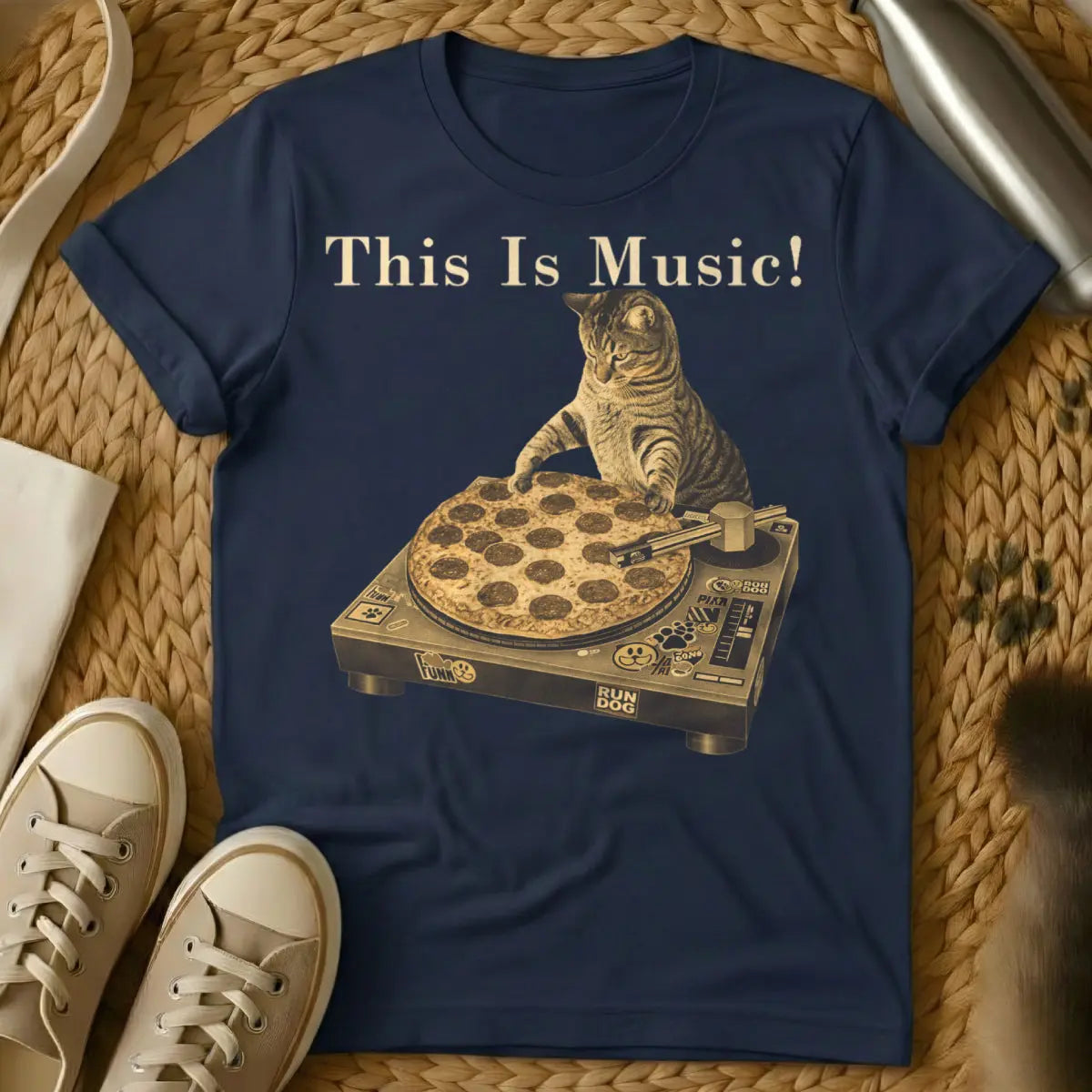 DJ Cat Pizza Tee - Navy T-Shirt - food pun design, lo-fi hip hop cat, nightlife animal graphic