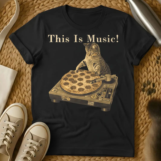 DJ Cat Pizza Tee - Black T-Shirt - food pun design, lo-fi hip hop cat, nightlife animal graphic