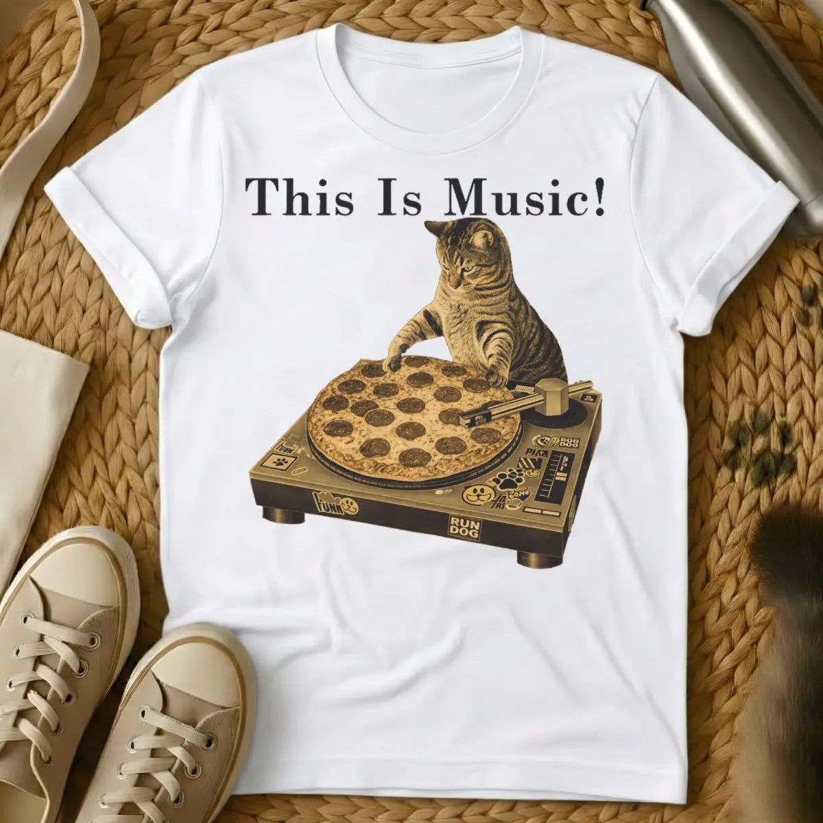 DJ Cat Pizza Tee - White T-Shirt - food pun design, lo-fi hip hop cat, nightlife animal graphic