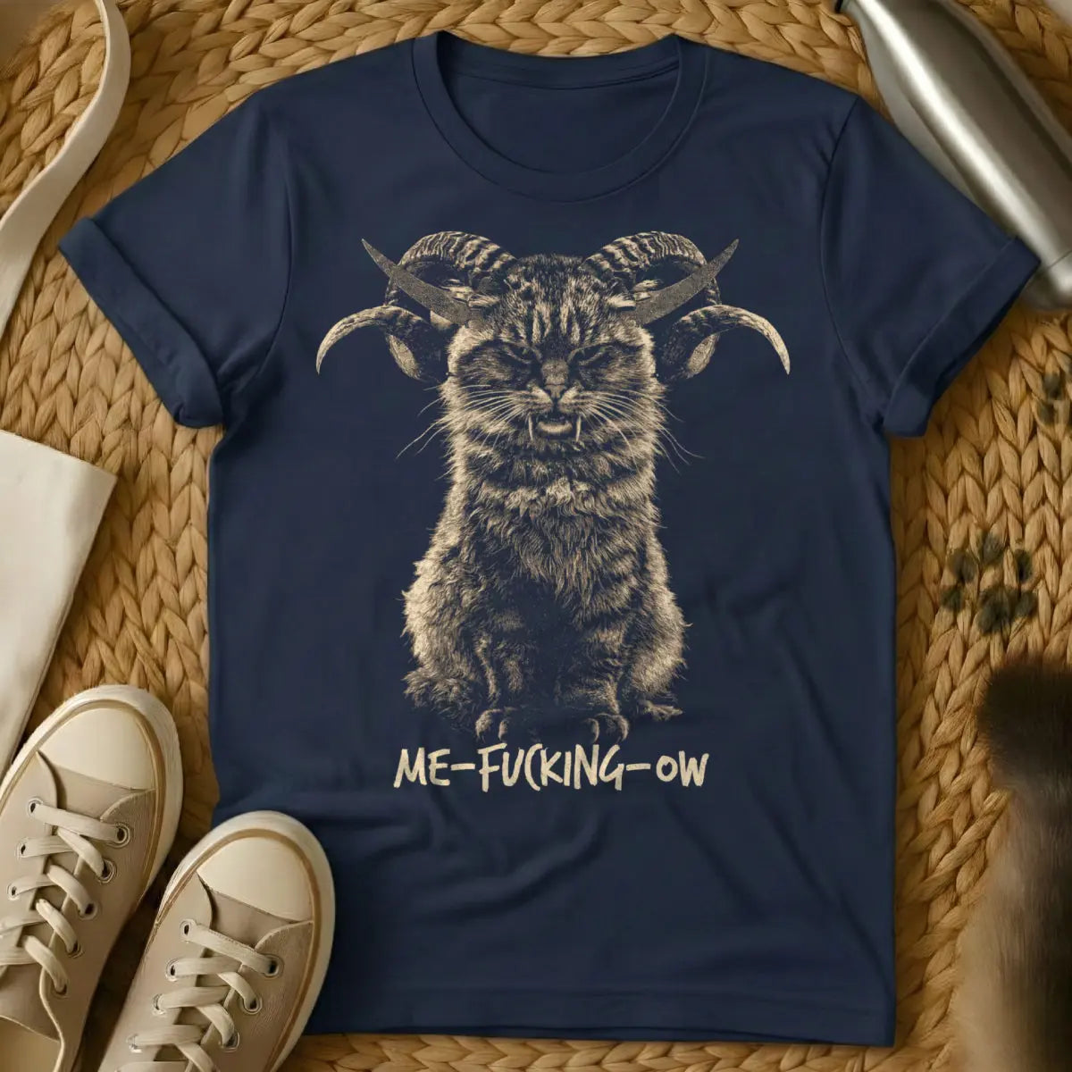 Vintage Horned Cat Tee - Navy Cat T-Shirt