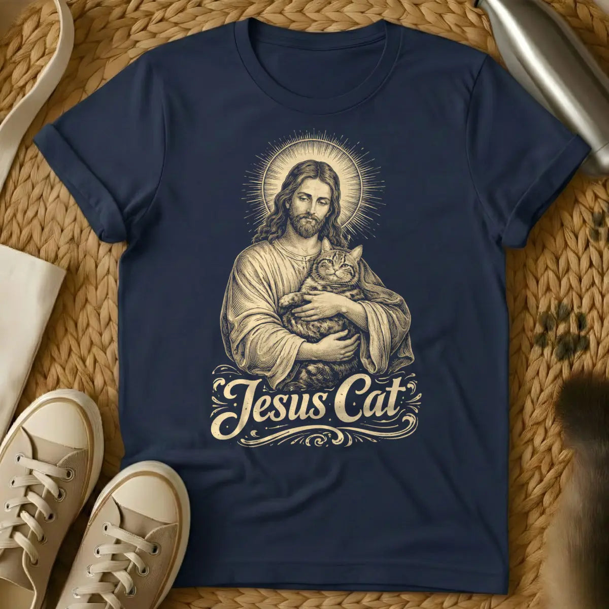 Vintage Jesus Cat Shirt - Navy Cat T-Shirt