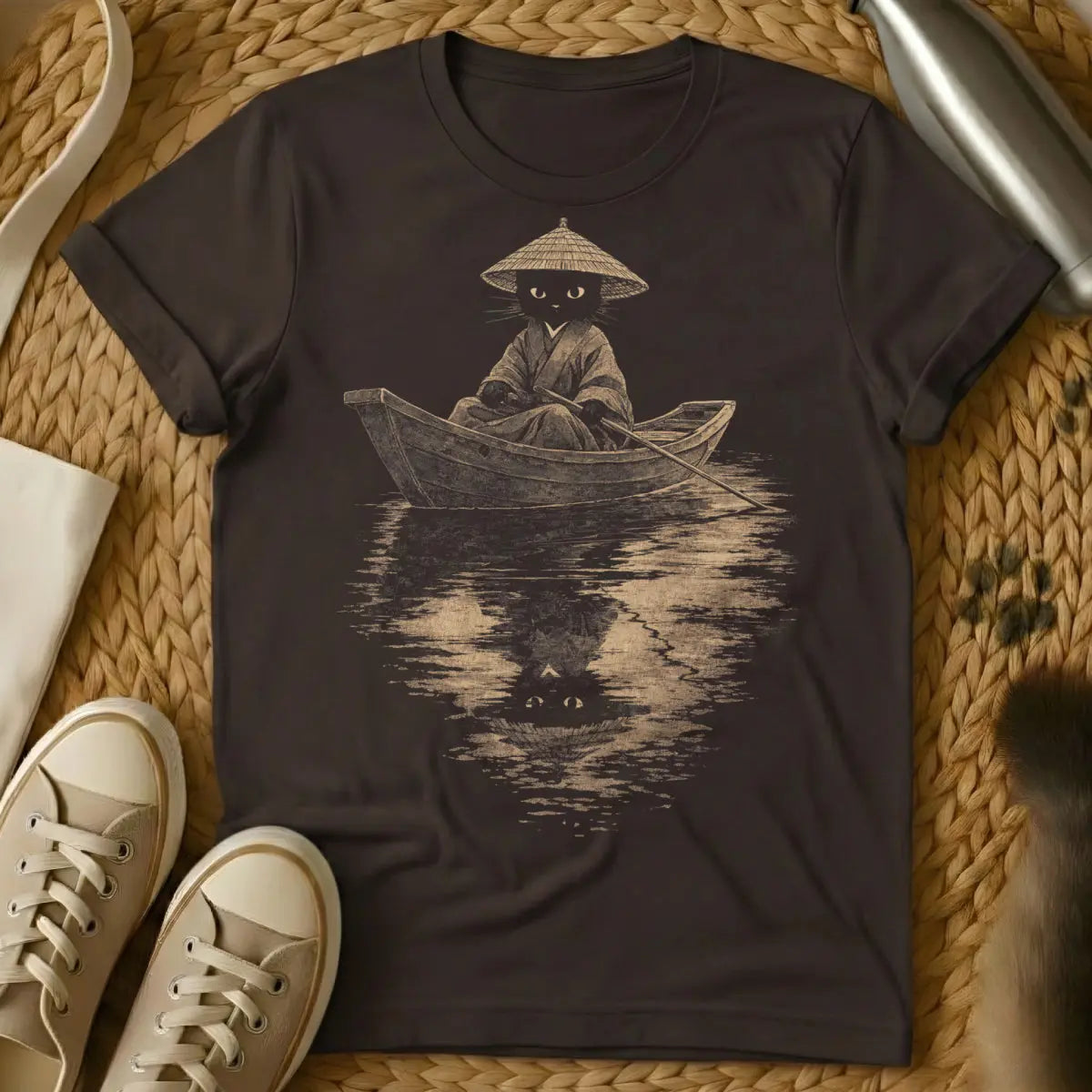 Funny Zen Cat Rowing Boat Tee - Dark Chocolate Cat T-Shirt