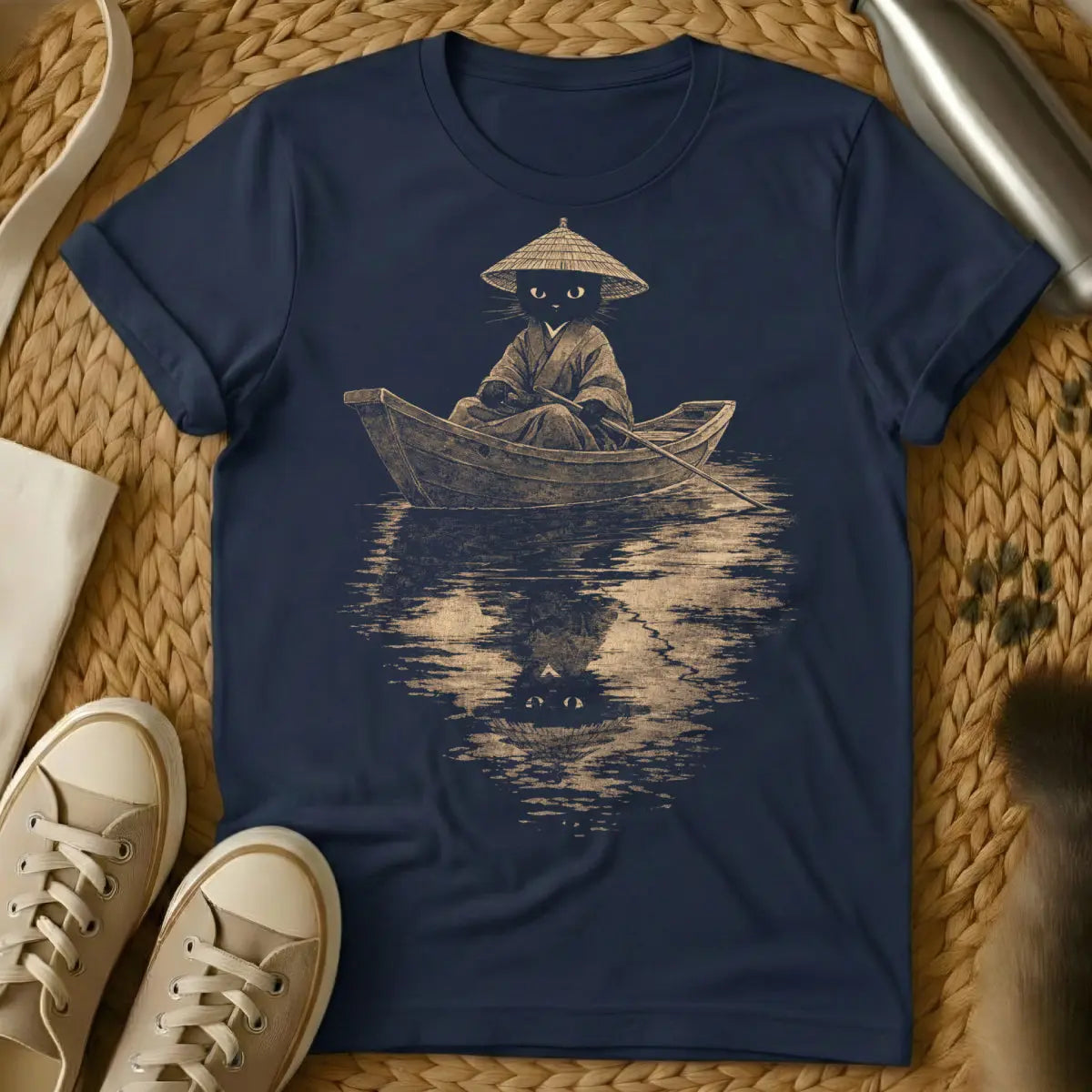 Funny Zen Cat Rowing Boat Tee - Navy Cat T-Shirt
