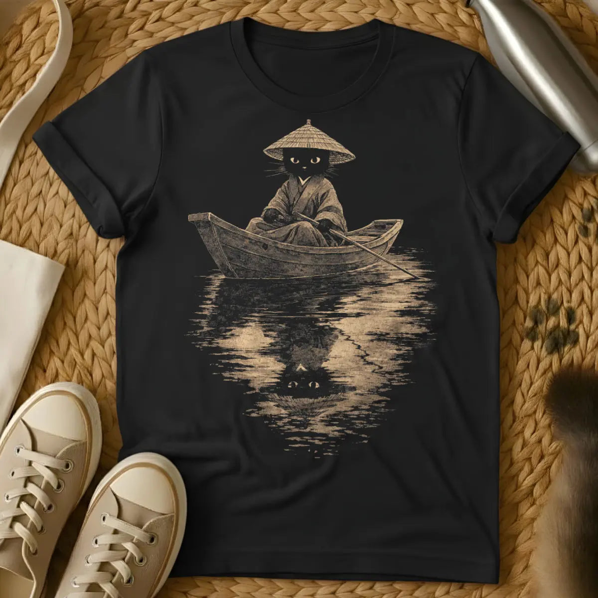 Funny Zen Cat Rowing Boat Tee - Black Cat T-Shirt