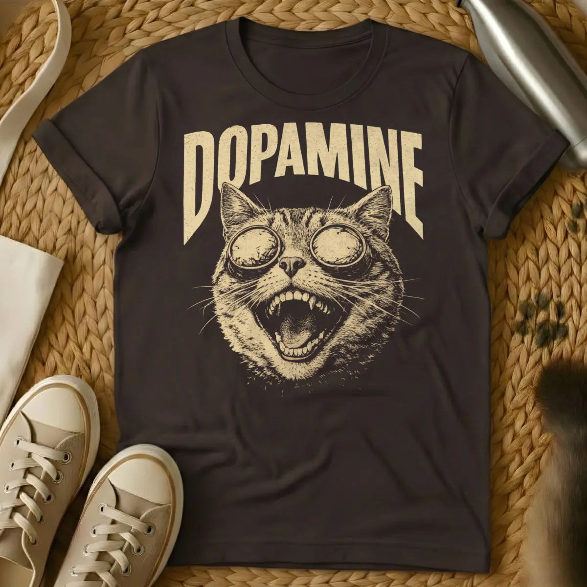 Dopamine Cat Graphic Shirt - Dark Chocolate T-Shirt - biochemistry art, emotional support animal art, neuroscience graphic