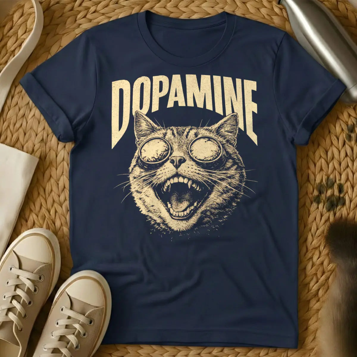 Dopamine Cat Graphic Shirt - Navy T-Shirt - biochemistry art, emotional support animal art, neuroscience graphic