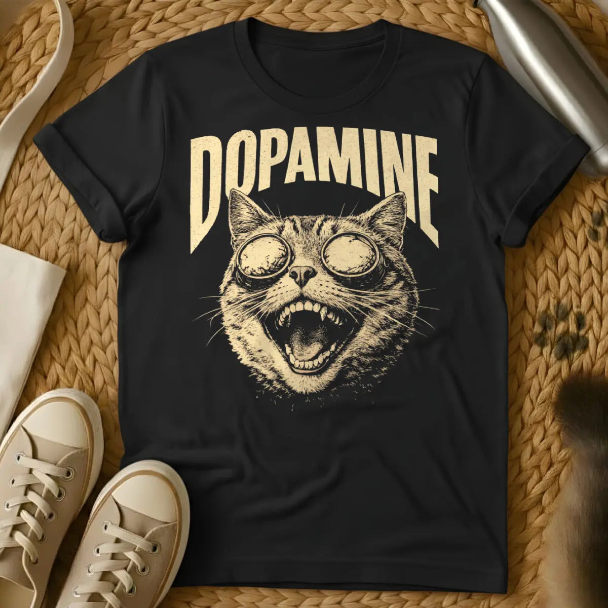 Dopamine Cat Graphic Shirt - Black T-Shirt - biochemistry art, emotional support animal art, neuroscience graphic