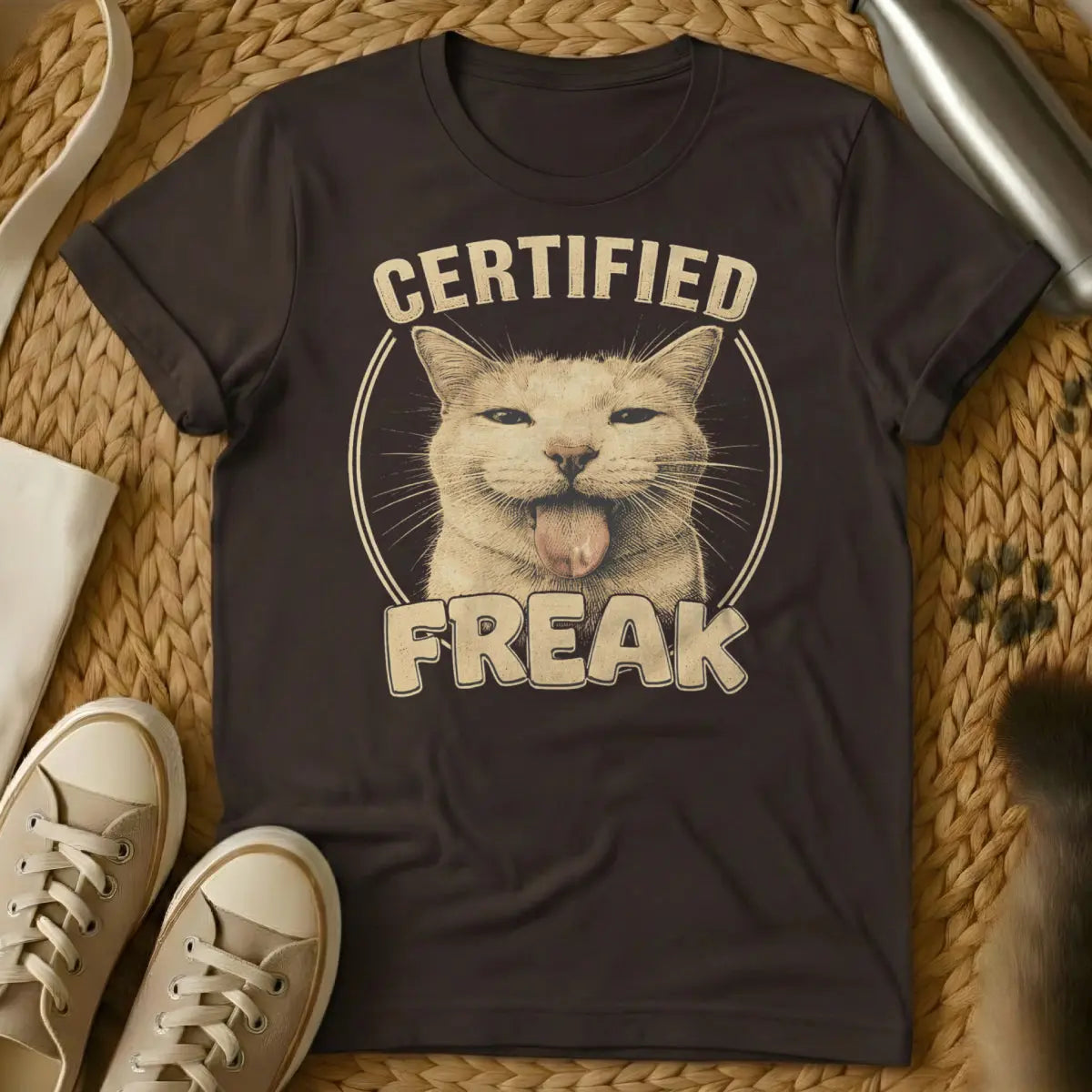 Certified Freak Cat Tee - Dark Chocolate T-Shirt - chaotic energy aesthetic, ironic official document, mock bureaucracy humor