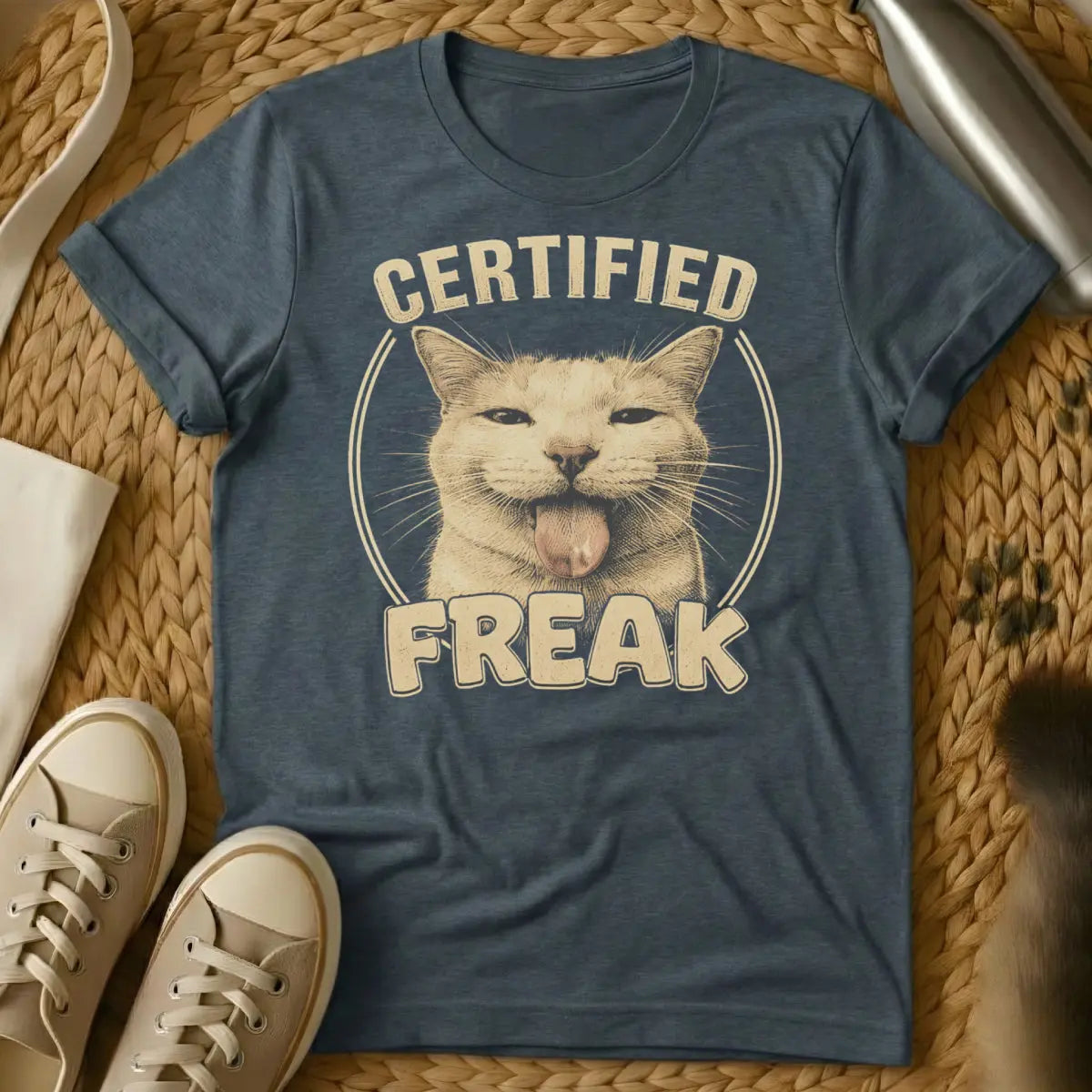 Certified Freak Cat Tee - Dark Heather T-Shirt - chaotic energy aesthetic, ironic official document, mock bureaucracy humor