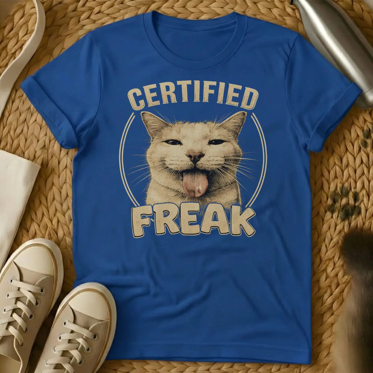 Certified Freak Cat Tee - Blue T-Shirt - chaotic energy aesthetic, ironic official document, mock bureaucracy humor