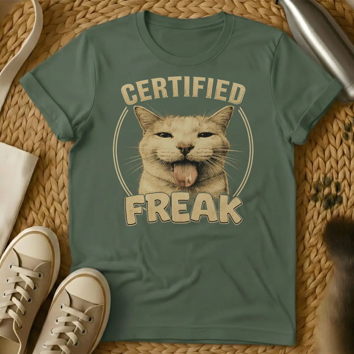 Certified Freak Cat Tee - Military Green T-Shirt - chaotic energy aesthetic, ironic official document, mock bureaucracy humor