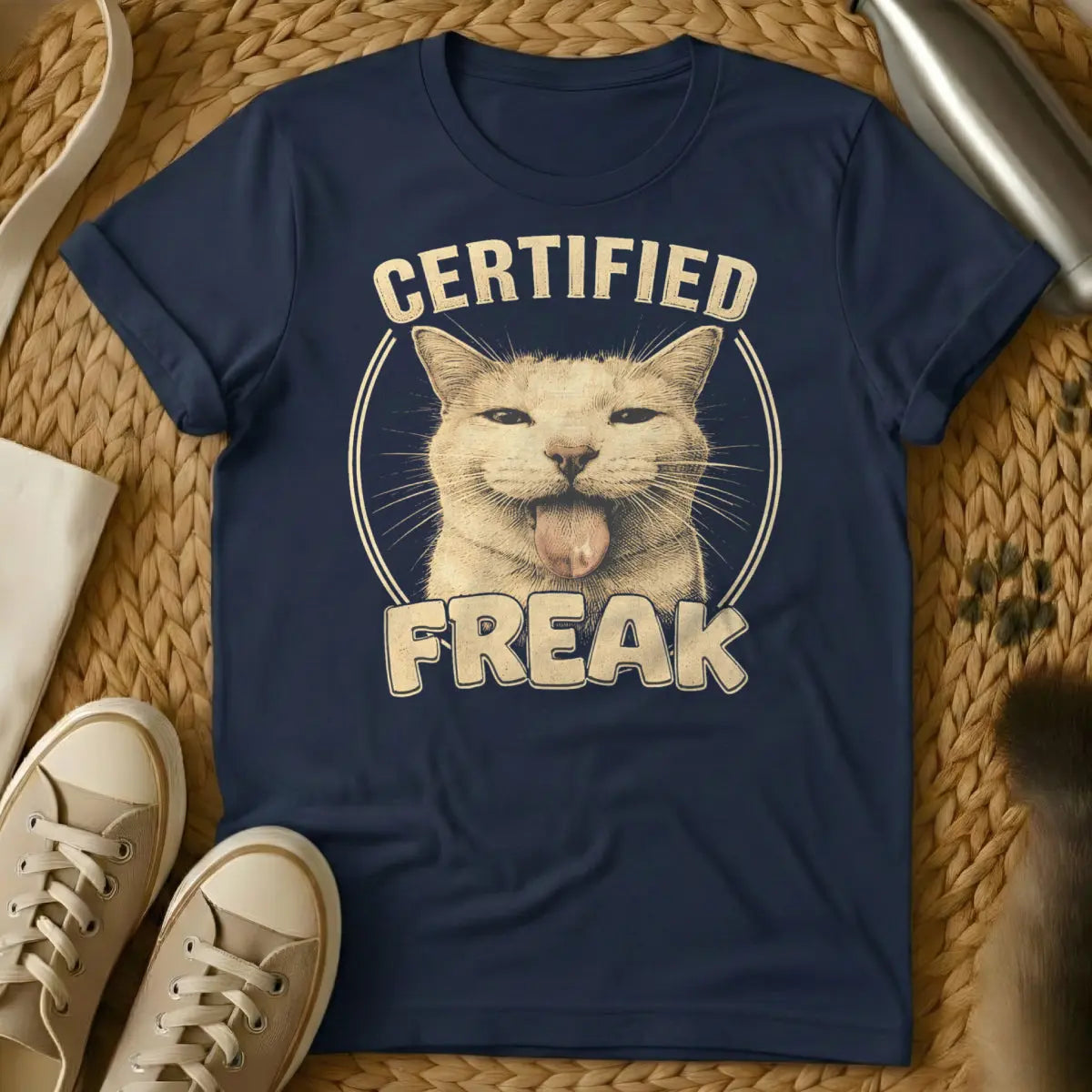 Certified Freak Cat Tee - Navy T-Shirt - chaotic energy aesthetic, ironic official document, mock bureaucracy humor