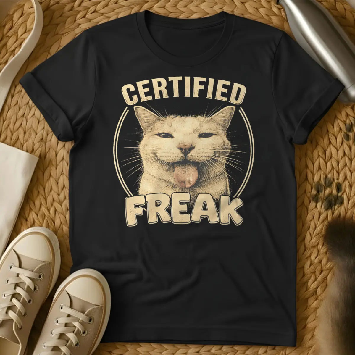 Certified Freak Cat Tee - Black T-Shirt - chaotic energy aesthetic, ironic official document, mock bureaucracy humor