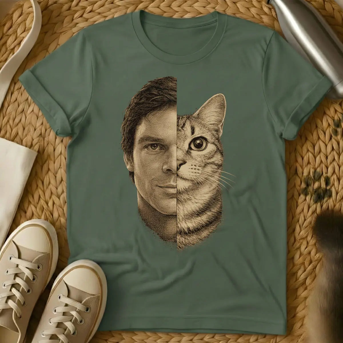 Dexter Morgan Feline Parody Tee - Military Green T-Shirt - dark passenger cat, dexter morgan parody, feline noir