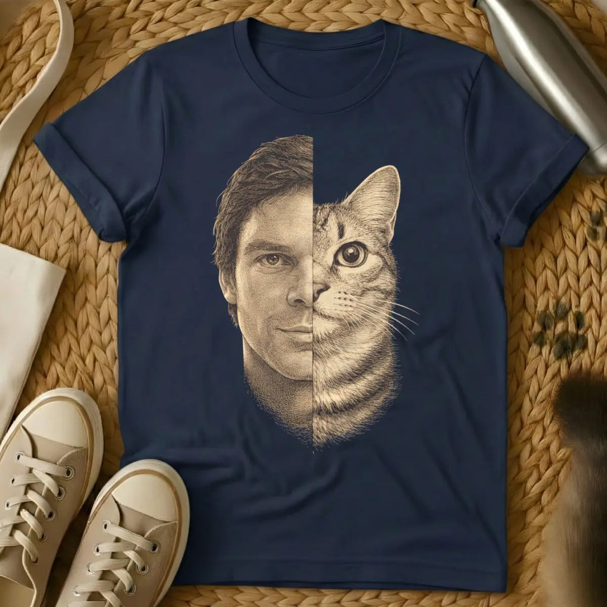 Dexter Morgan Feline Parody Tee - Navy T-Shirt - dark passenger cat, dexter morgan parody, feline noir