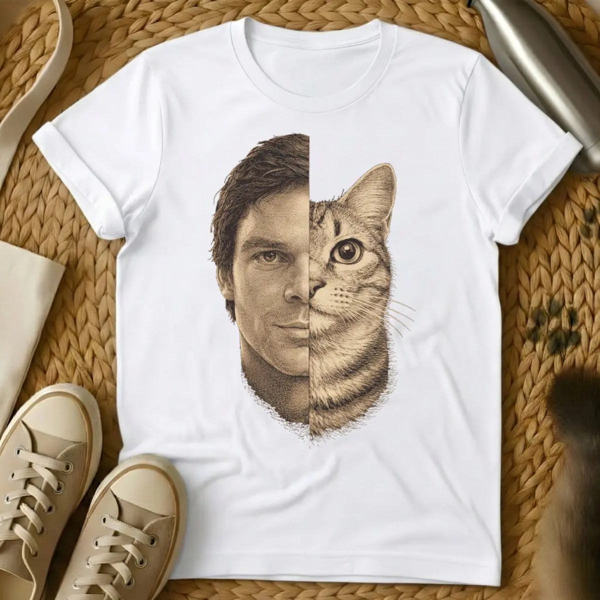 Dexter Morgan Feline Parody Tee - White T-Shirt - dark passenger cat, dexter morgan parody, feline noir