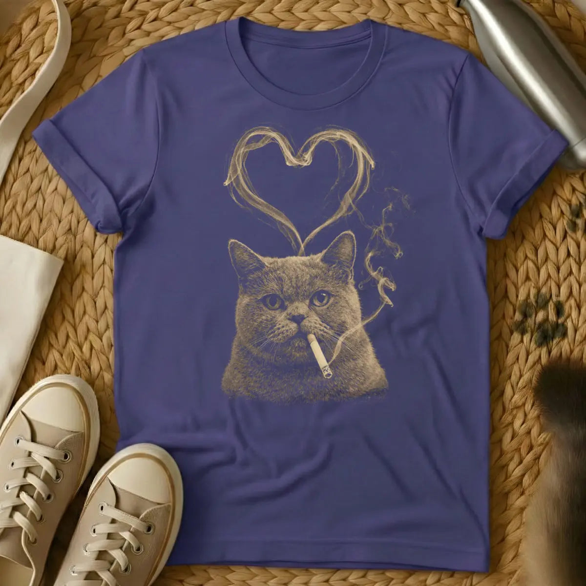 Smoking Cat Heart Smoke Shirt - Purple Cat T-Shirt