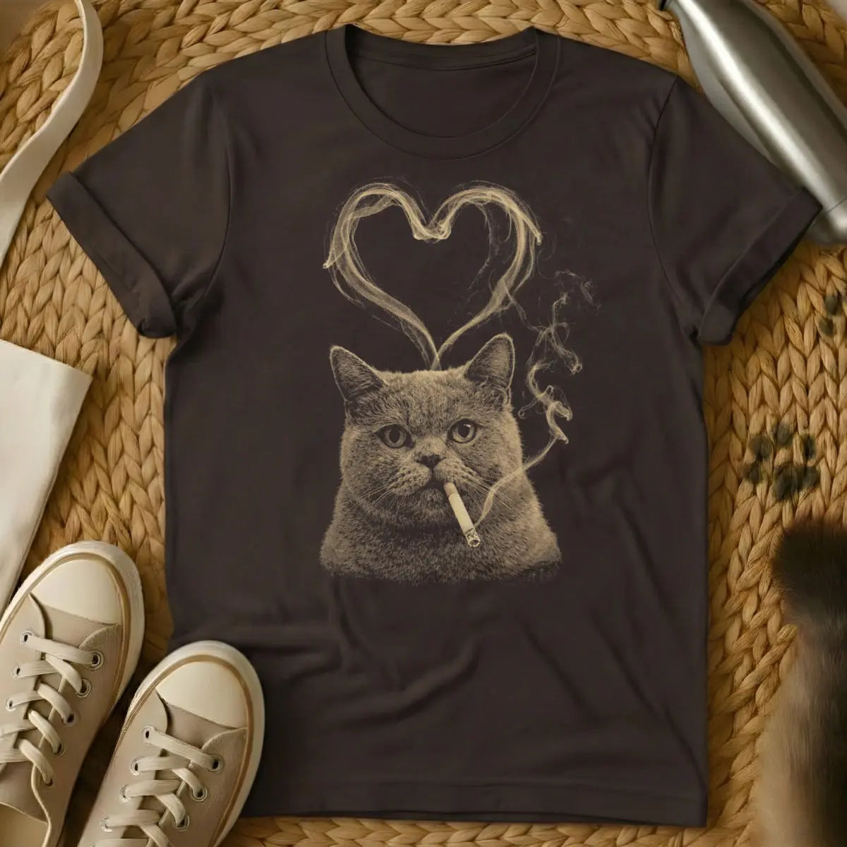 Smoking Cat Heart Smoke Shirt - Dark Chocolate Cat T-Shirt