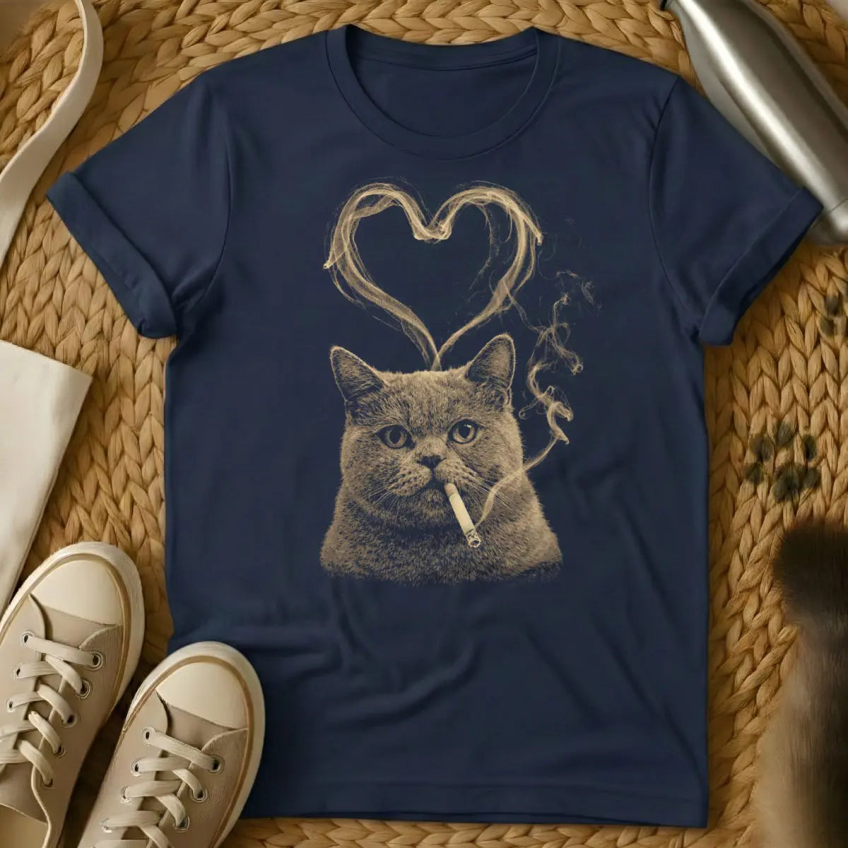 Smoking Cat Heart Smoke Shirt - Navy Cat T-Shirt