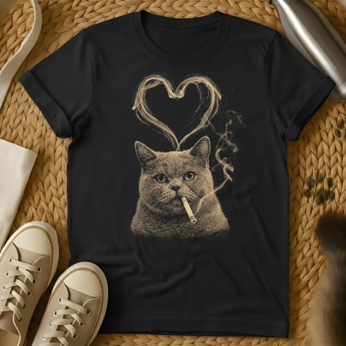 Smoking Cat Heart Smoke Shirt - Black Cat T-Shirt
