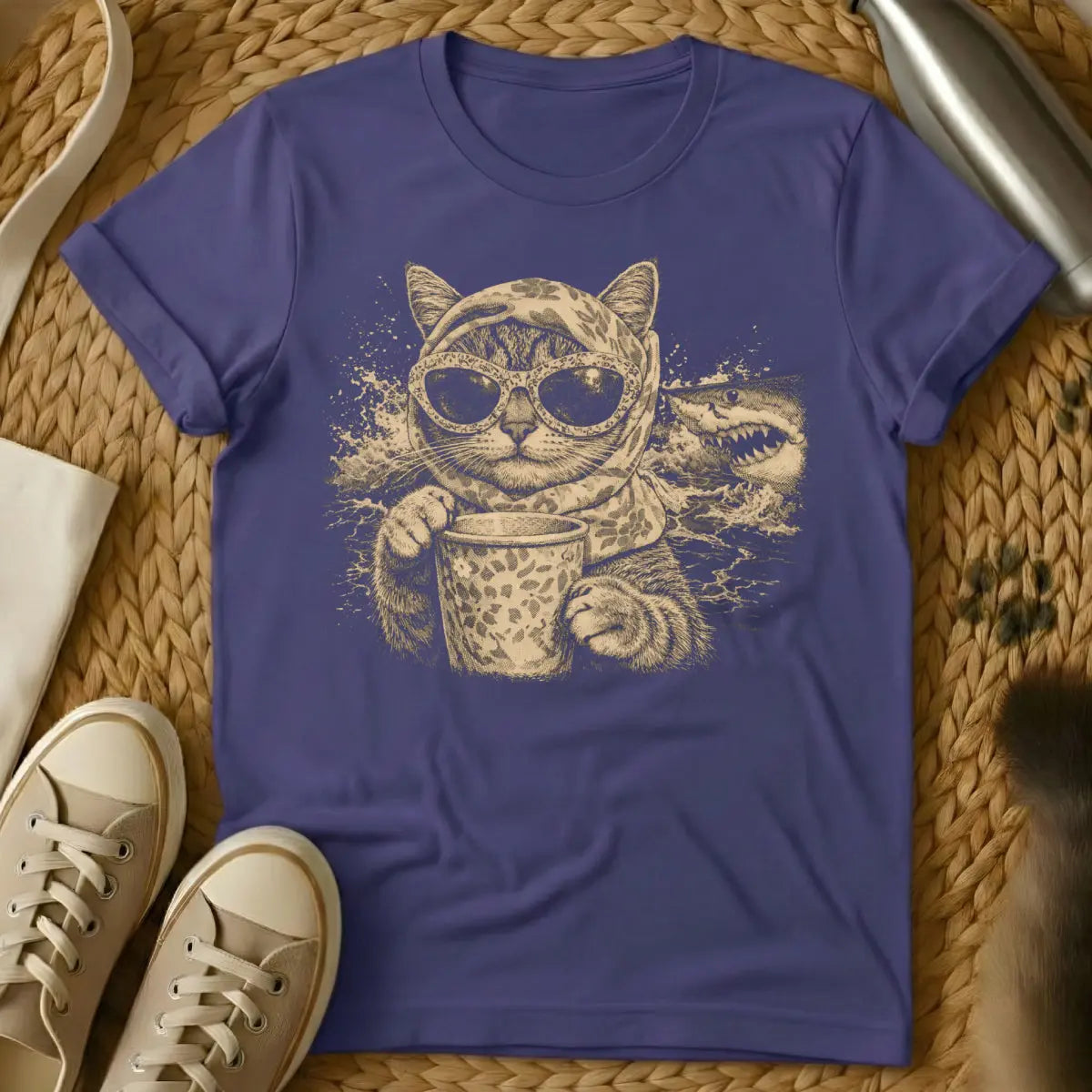 Funny Cat Coffee Shark Shirt - Purple T-Shirt - animal fusion art, caffeinecore, grumpy cat humor