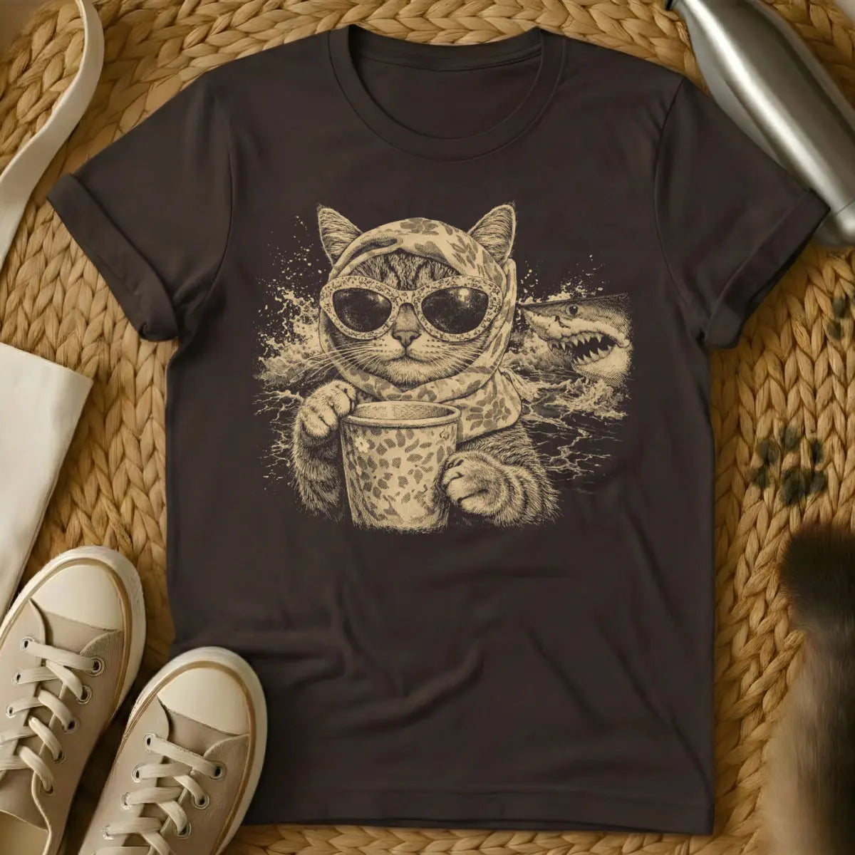 Funny Cat Coffee Shark Shirt - Dark Chocolate T-Shirt - animal fusion art, caffeinecore, grumpy cat humor