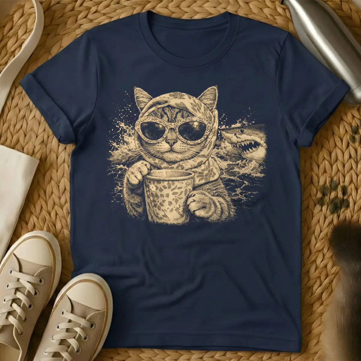 Funny Cat Coffee Shark Shirt - Navy T-Shirt - animal fusion art, caffeinecore, grumpy cat humor