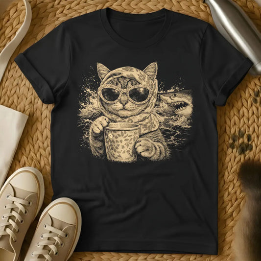 Funny Cat Coffee Shark Shirt - Black T-Shirt - animal fusion art, caffeinecore, grumpy cat humor