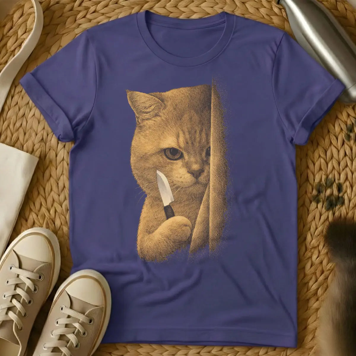 Funny Cat With Knife Shirt - Purple T-Shirt - absurdist cat art, creepy cute aesthetic, dark humor apparel