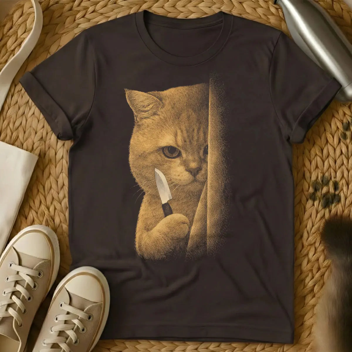 Funny Cat With Knife Shirt - Dark Chocolate T-Shirt - absurdist cat art, creepy cute aesthetic, dark humor apparel