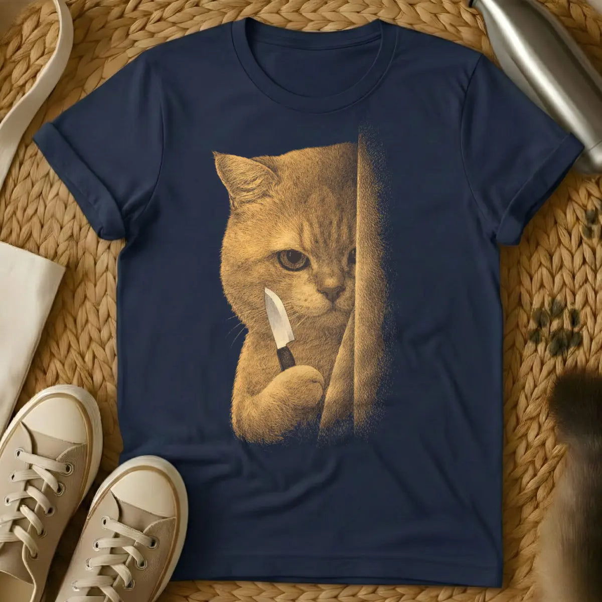 Funny Cat With Knife Shirt - Navy T-Shirt - absurdist cat art, creepy cute aesthetic, dark humor apparel