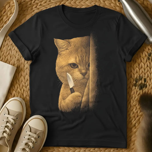 Funny Cat With Knife Shirt - Black T-Shirt - absurdist cat art, creepy cute aesthetic, dark humor apparel
