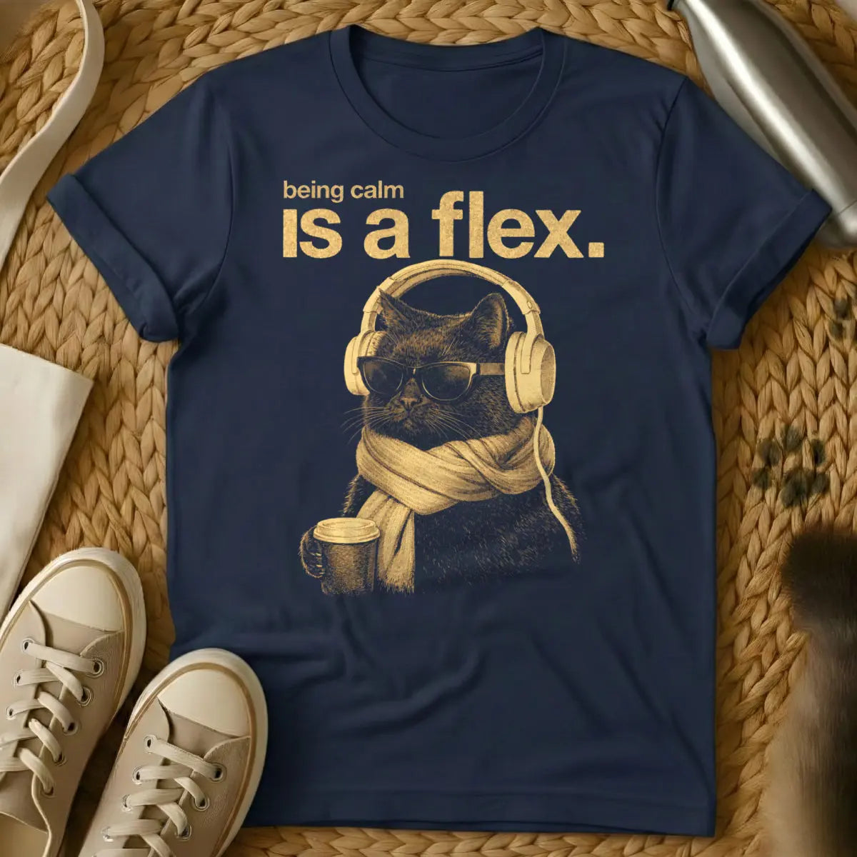 Being Calm Is A Flex Shirt - Navy T-Shirt - cat philosophy, indifference core, stoic cat