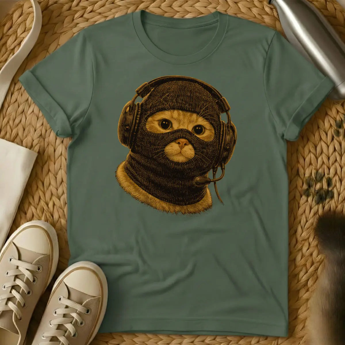 Funny Gamer Cat Graphic Tee - Military Green T-Shirt - controller optional cat, nine lives gaming, power-up pet