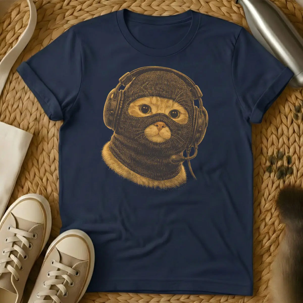 Funny Gamer Cat Graphic Tee - Navy T-Shirt - controller optional cat, nine lives gaming, power-up pet