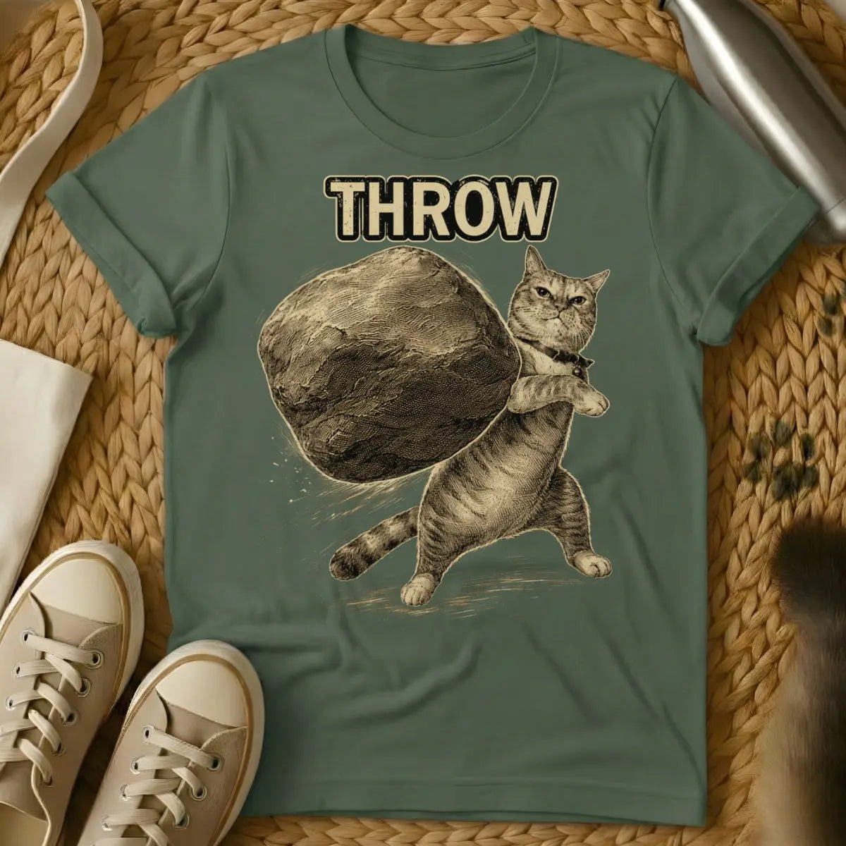 Throw Cat Boulder Shirt - Military Green Cat T-Shirt