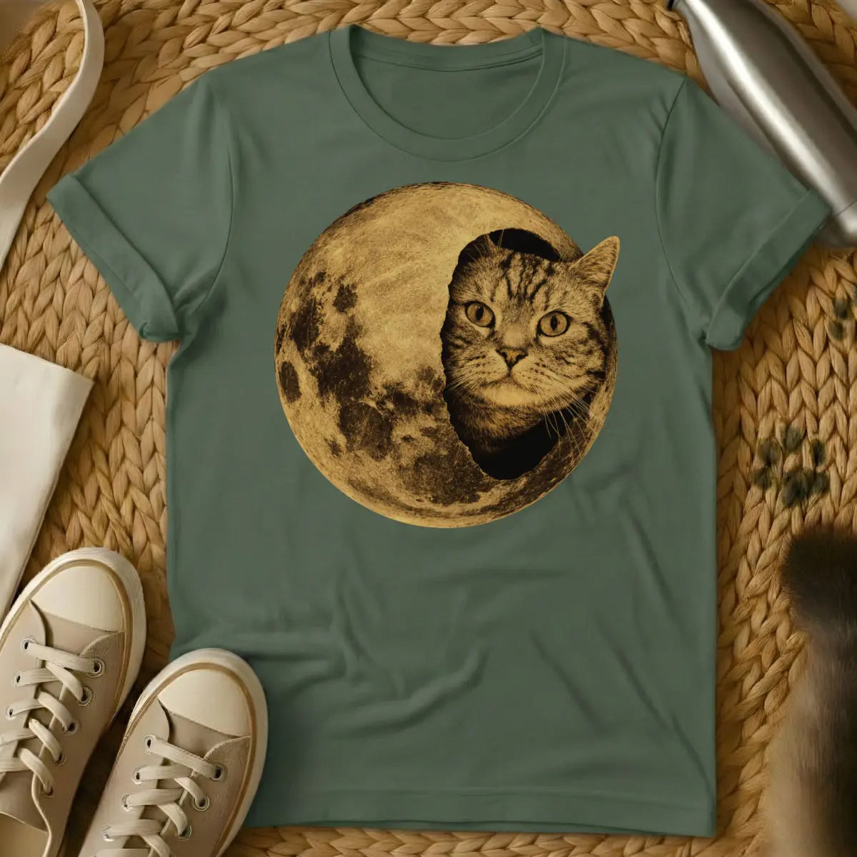 Cat Moon Graphic Shirt - Military Green T-Shirt - dreamcore, lunar witch, nocturnal aesthetic
