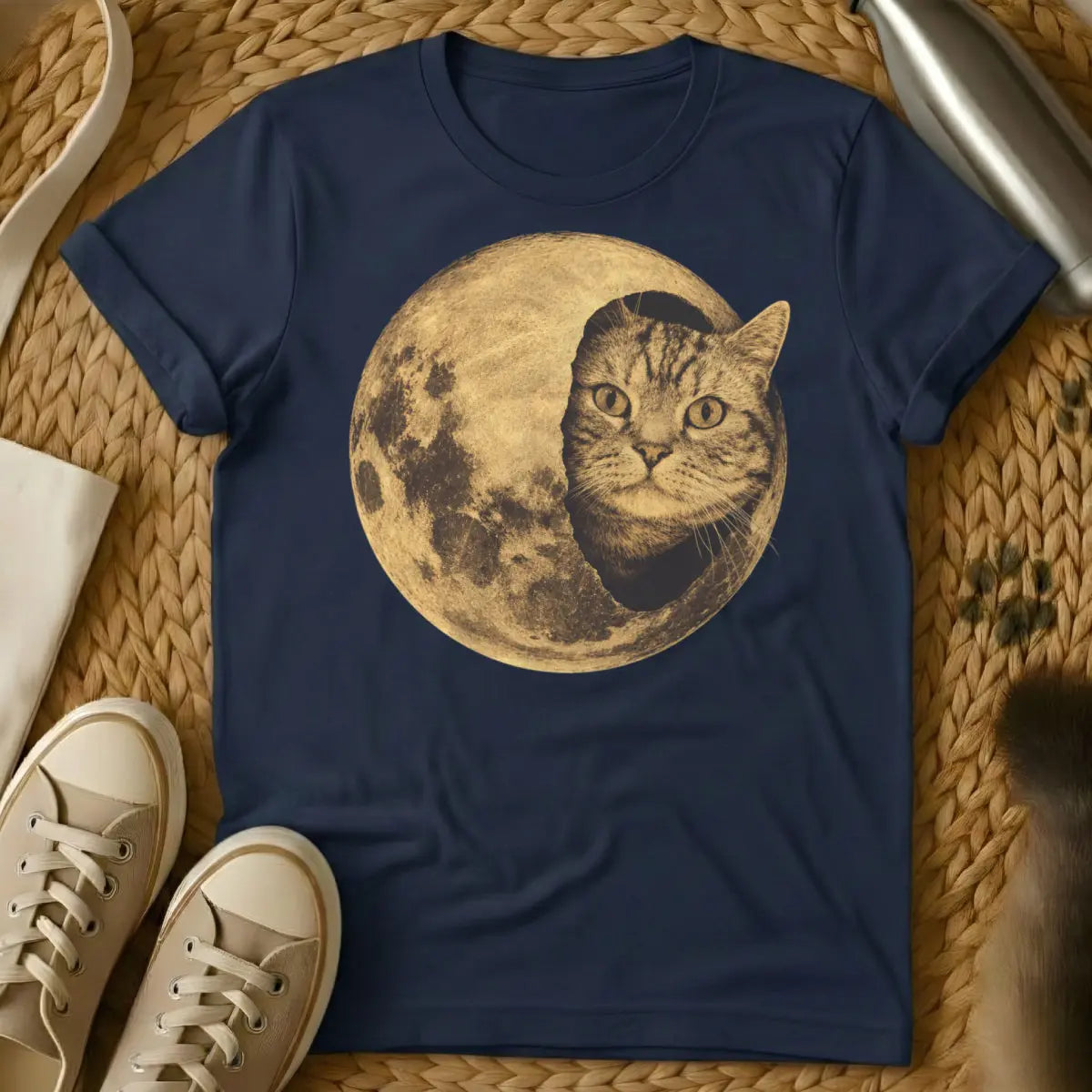 Cat Moon Graphic Shirt - Navy T-Shirt - dreamcore, lunar witch, nocturnal aesthetic