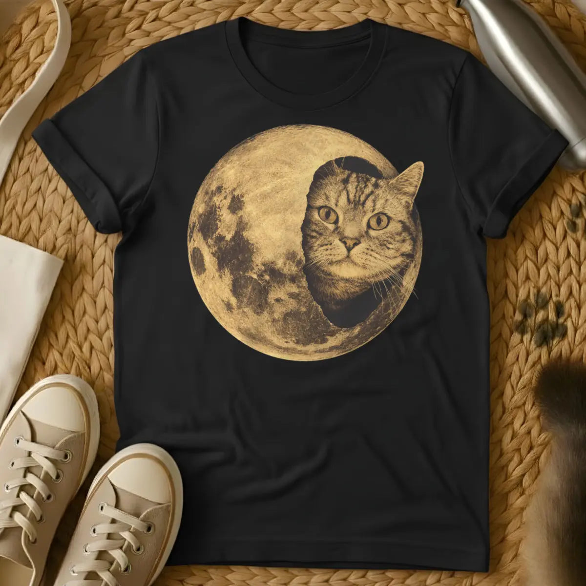 Cat Moon Graphic Shirt - Black T-Shirt - dreamcore, lunar witch, nocturnal aesthetic