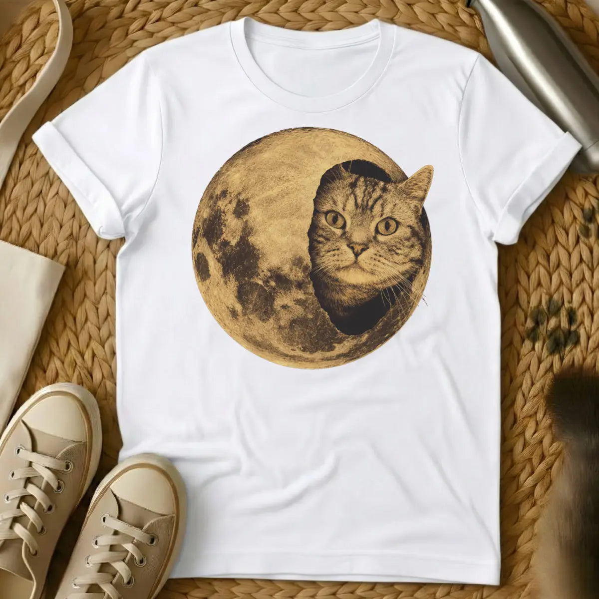 Cat Moon Graphic Shirt - White T-Shirt - dreamcore, lunar witch, nocturnal aesthetic